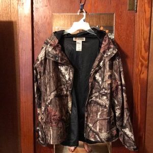 Camo raincoat with hood.